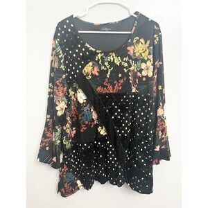Calessa Size 2X Art to Wear Black Floral Velvet Burnout Patchwork Tunic Top